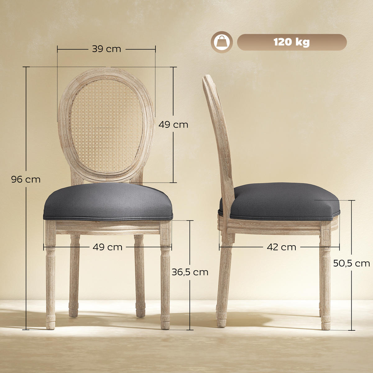 ESSZIMMERSTÜHLE 2er Set Küchenstuhl mit Rattan-Rückenlehne, Leinenoptik Grau - Naturfarben/Grau, Holz/Textil (56/96/49cm) - HOMCOM