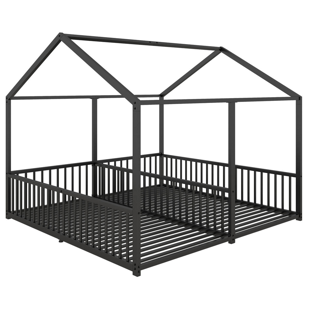 METALLBETT 90/200 cm in Schwarz mit Leiter und Sicherheitsgeländer im Hausbett-Design - Schwarz, Metall (90/200cm) - Flora Grace