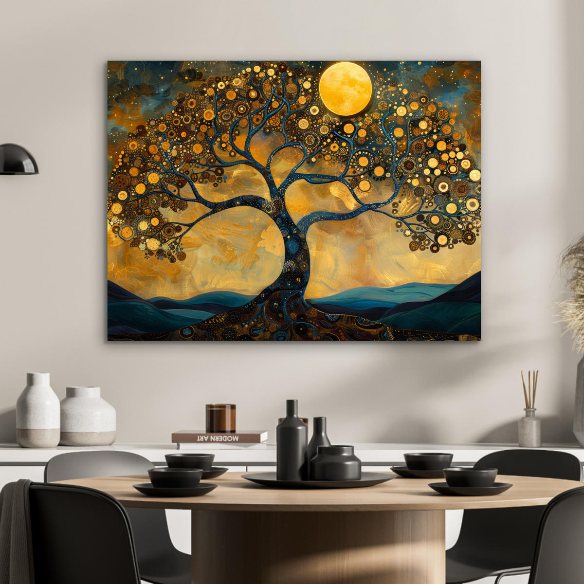 METALLBILD Baum - Mond - Blumen - Gold - Kunst 80x60 cm - Orange, Metall (80/60cm) - MuchoWow