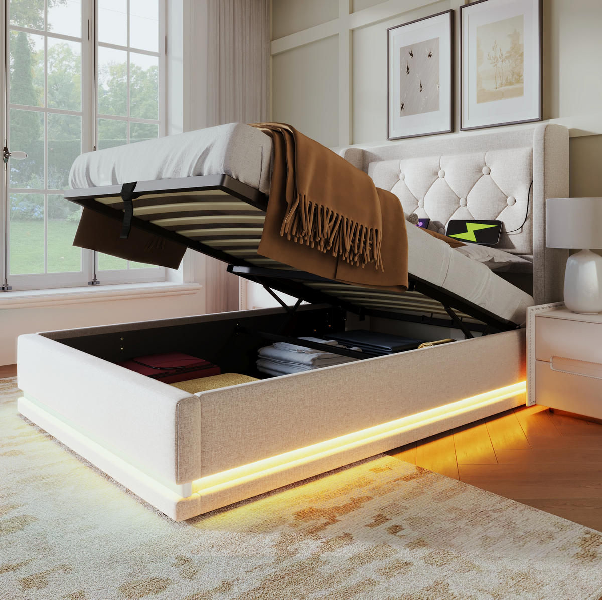 POLSTERBETT 90/200 cm mit Bettkasten, LED, USB-C und gepolstertem Kopfteil - Beige, Textil (90/200cm) - BEAOK
