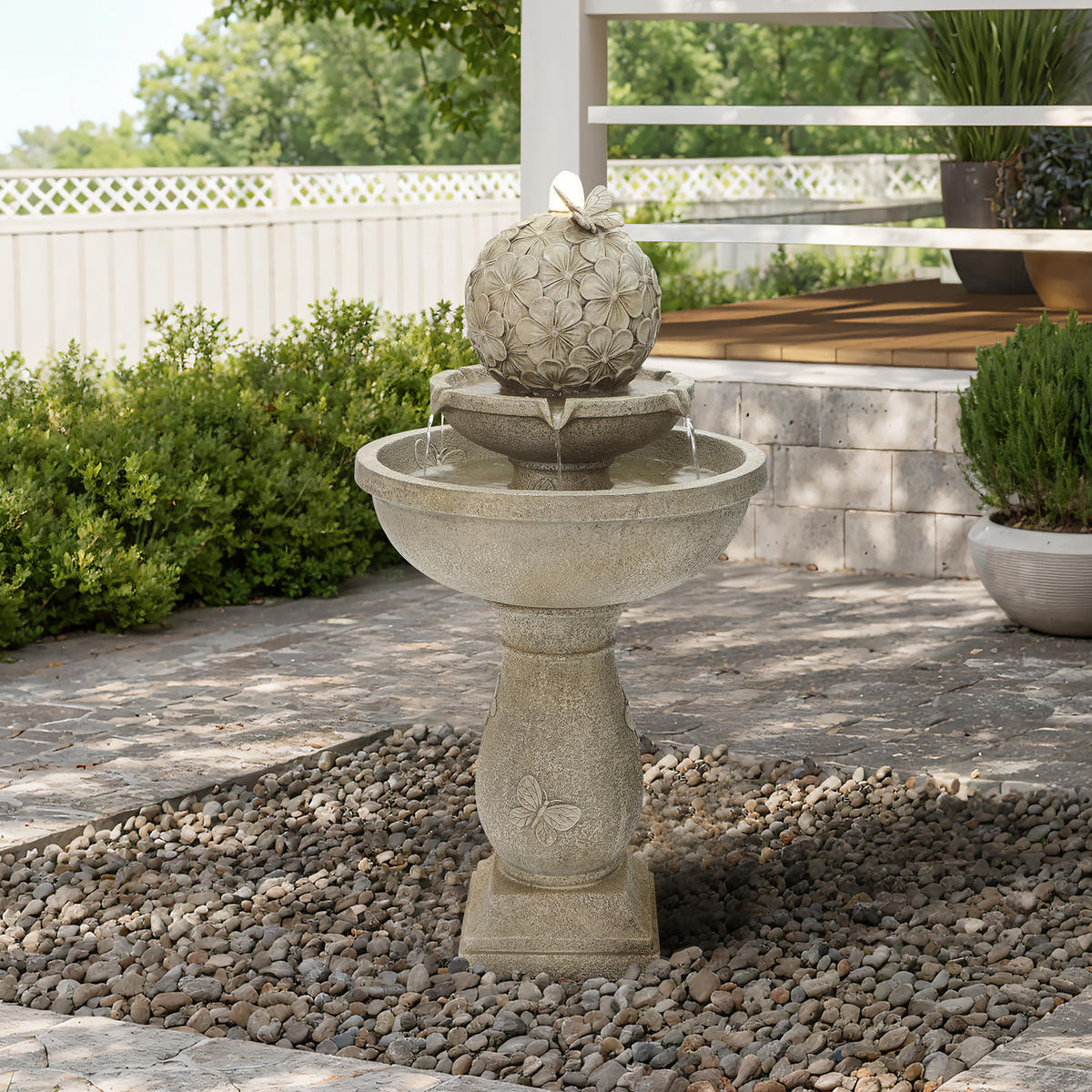 2-STUF. Polyresin-Gartenbrunnen, Vogeltränke+Schmetterling auf Kugel, 95cm, Garten/Balkon/Terrasse - Grau, Kunststoff (45/45/95cm)