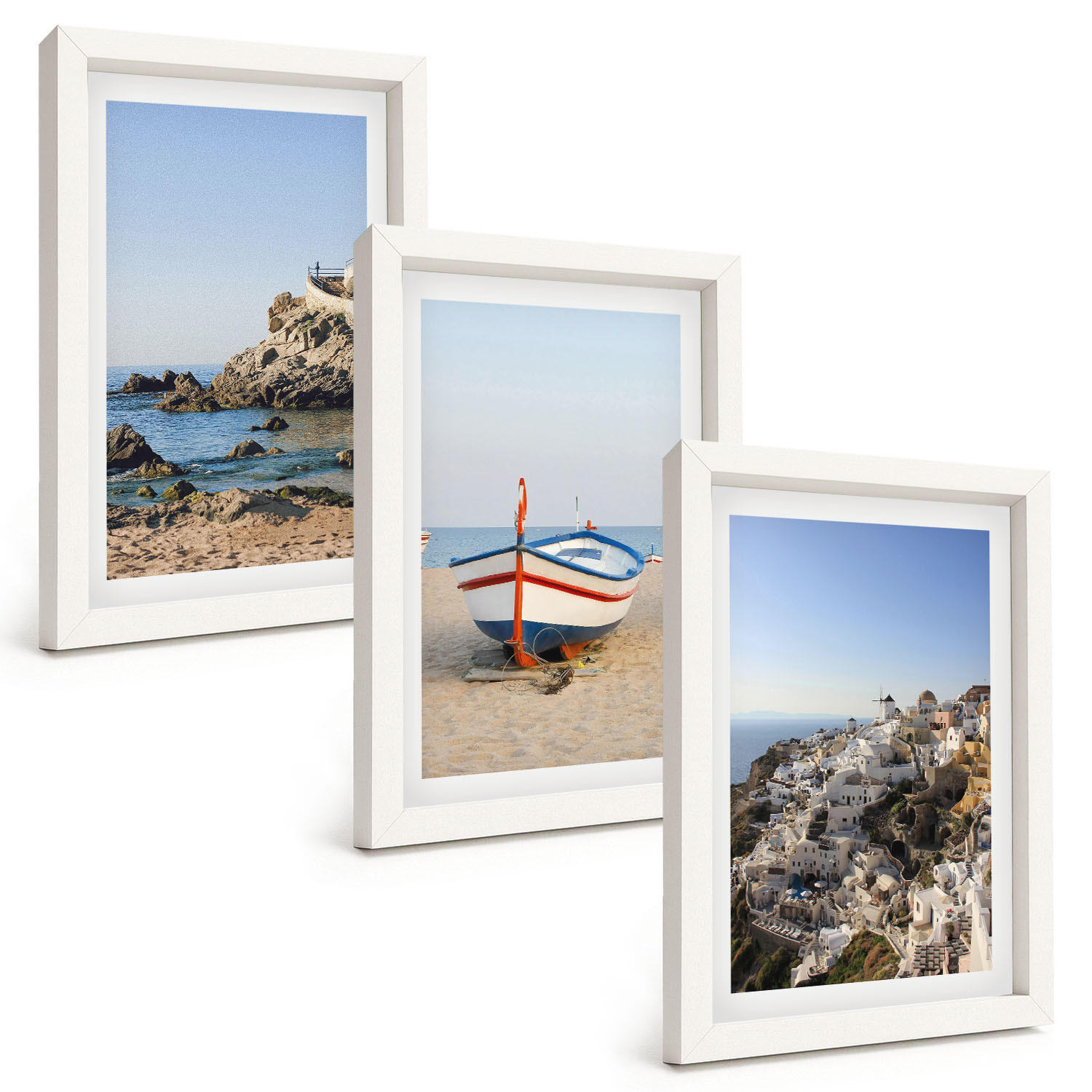 BILDER SET 3er Set - 20x30 cm Weißer Rahmen - Ansichten von Griechenland mit einem Boot und Häusern - Weiß, Kunststoff (20/30cm) - TULUP