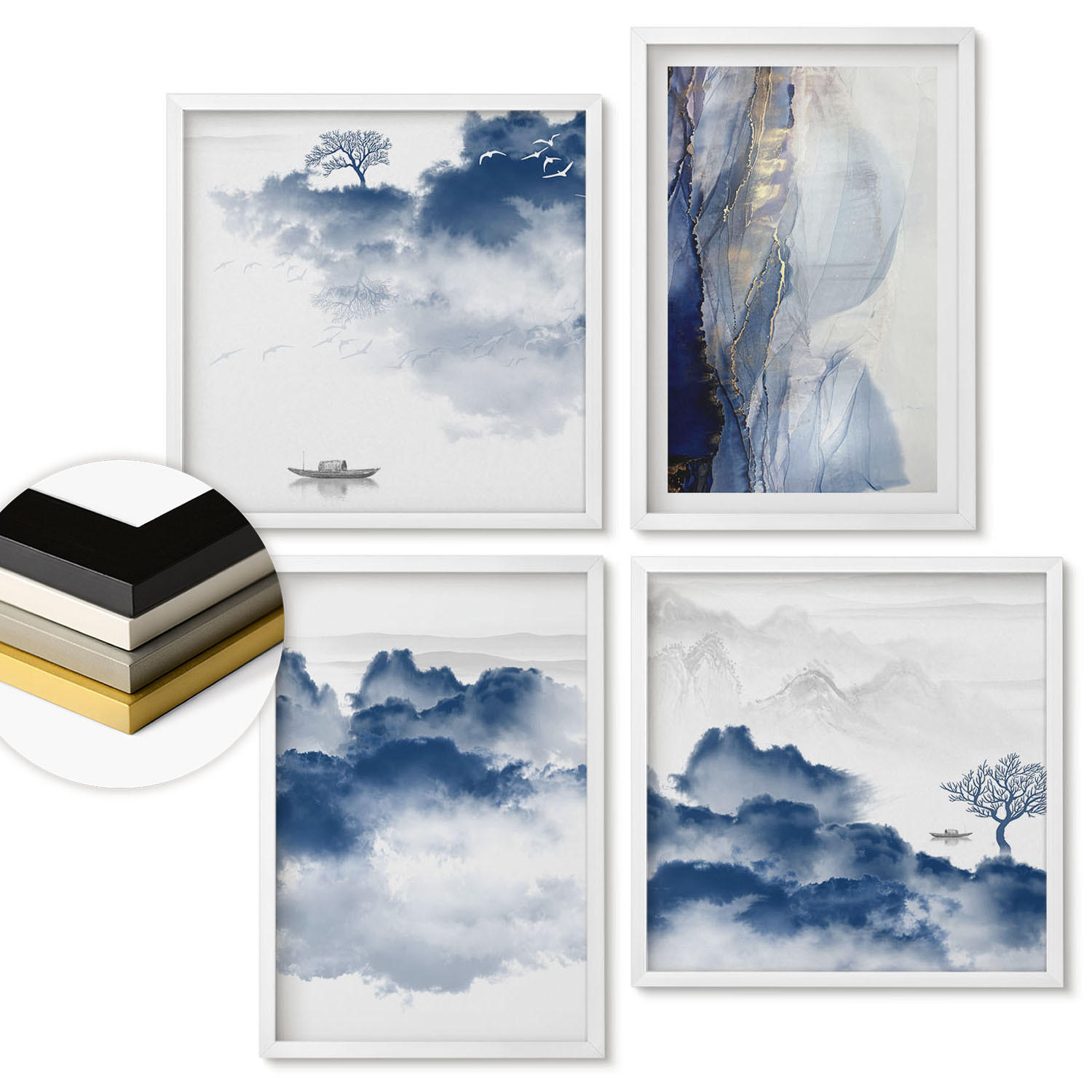 WANDBILDER 4er-Set - 50x50 cm & 40x60 cm Weißer Rahmen - Berge, Wolken, Bäume, Vögel im Hintergrund - Weiß, Kunststoff (50/50cm) - ArtPrintCave