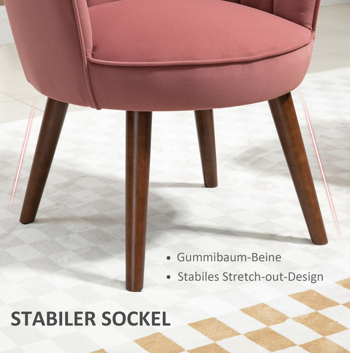 POLSTERSESSEL 66/66/78,5 cm in Rosé mit Samtoptik und Holzbeinen - Pink, Kunststoff (66/78.5/66cm) - BEAOK