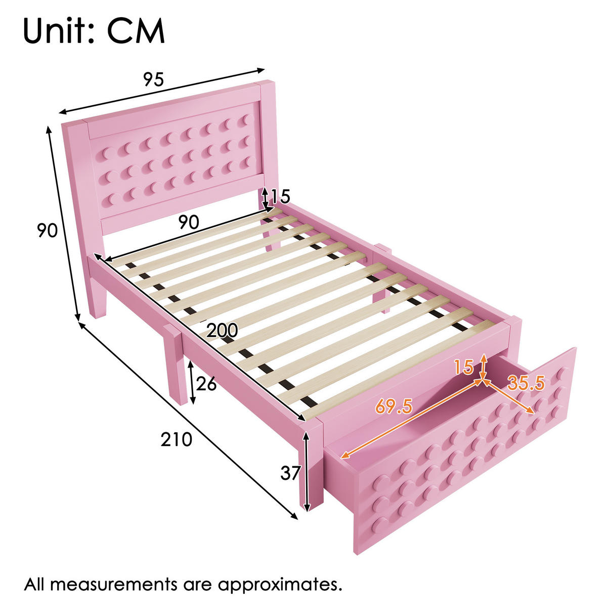 KINDEREINZELBETTEN aus Holz 90x200 cm in Rosa mit Schublade & Stauraum - Rosa, Holz (90/200cm) - Modfu