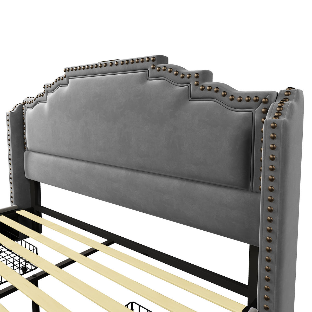 POLSTERBETT 140/200 cm mit 4 Schubladen, LED-Beleuchtung, USB- und Type-C-Anschluss, Samt, Grau - Grau, Textil (140/200cm) - Redom