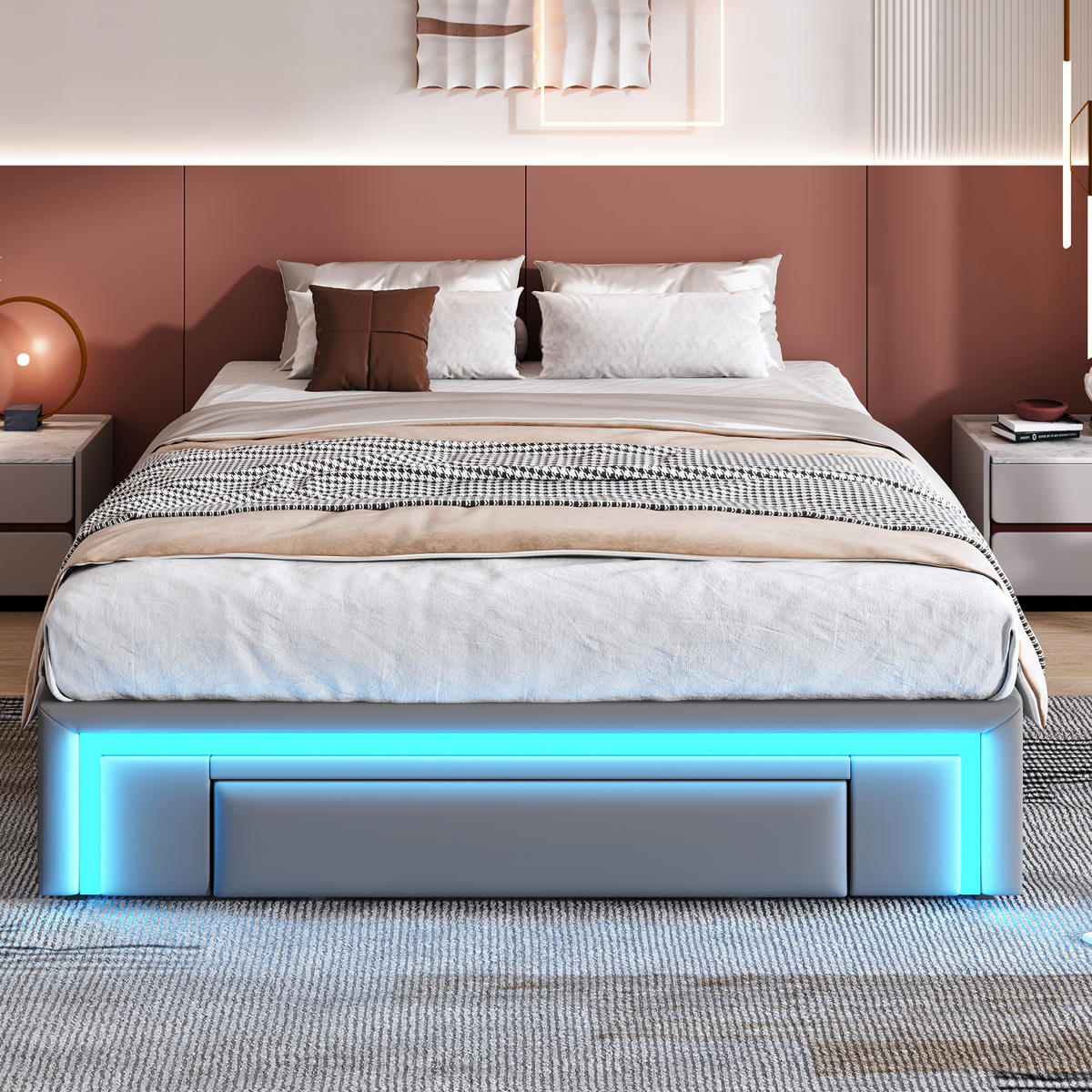 BETTGESTELL 140/200 cm Grau mit Schubladen und LED-Lichtleiste aus PU-Leder - Grau, Textil (140/200cm) - OKWISH