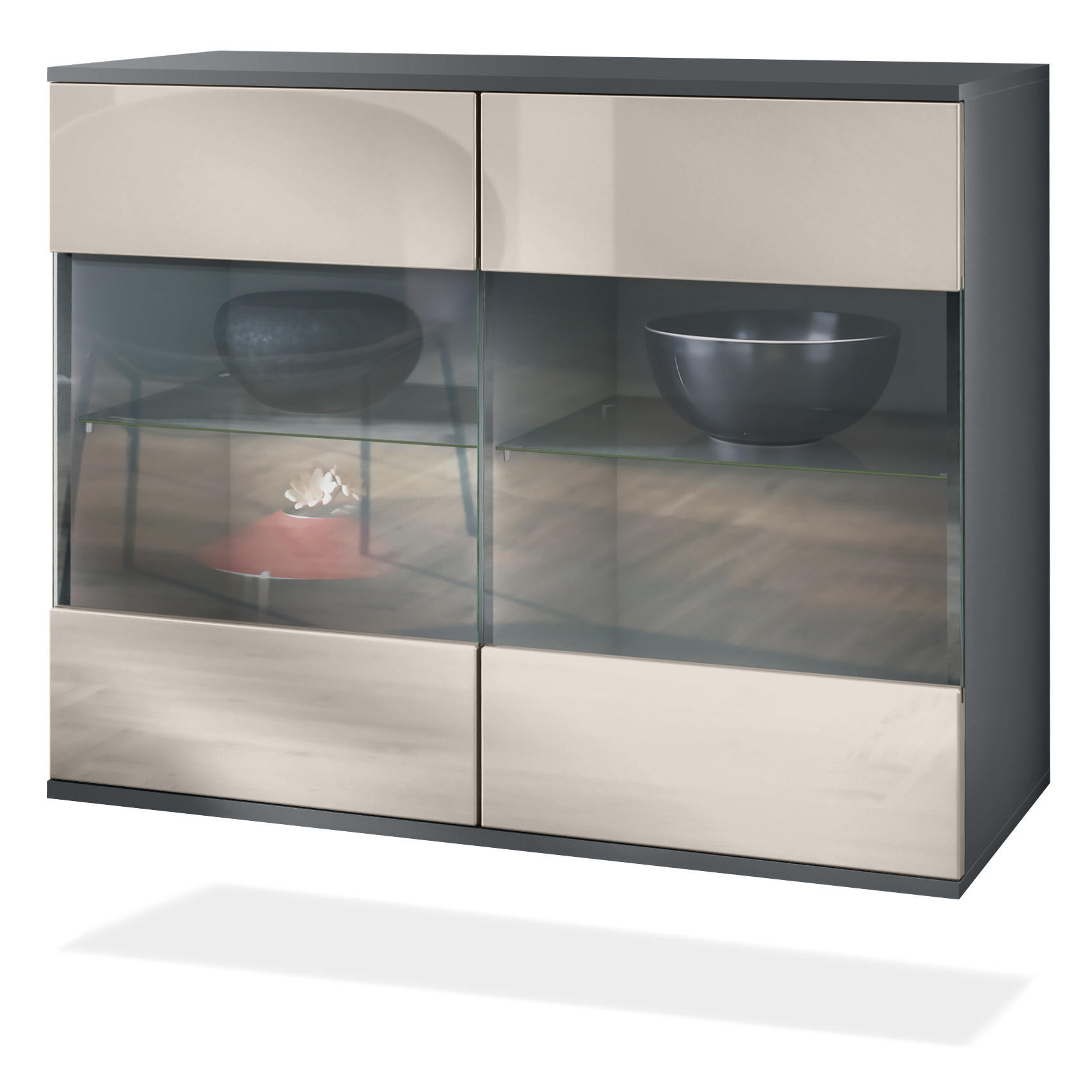 KOMMODE Bari Sandgrau Hochglanz - Sandfarben, Holzwerkstoff (92.5/73.5/35cm) - Vladon