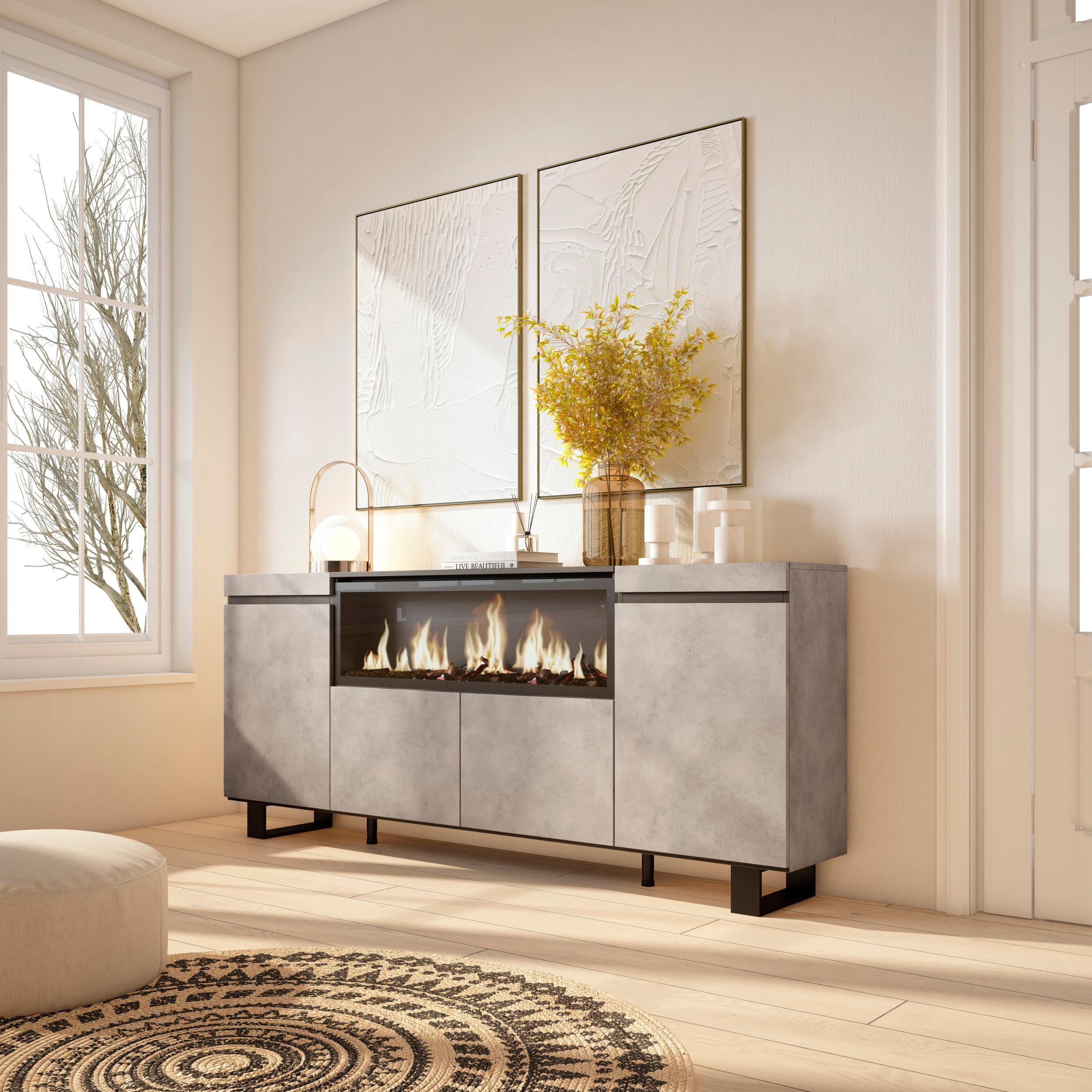 SIDEBOARD Highboard, Elektrokamin XXL, zementgrau, 208/35/87cm - Multicolor/Schwarz, Holzwerkstoff (208/87/35cm) - Skraut Home