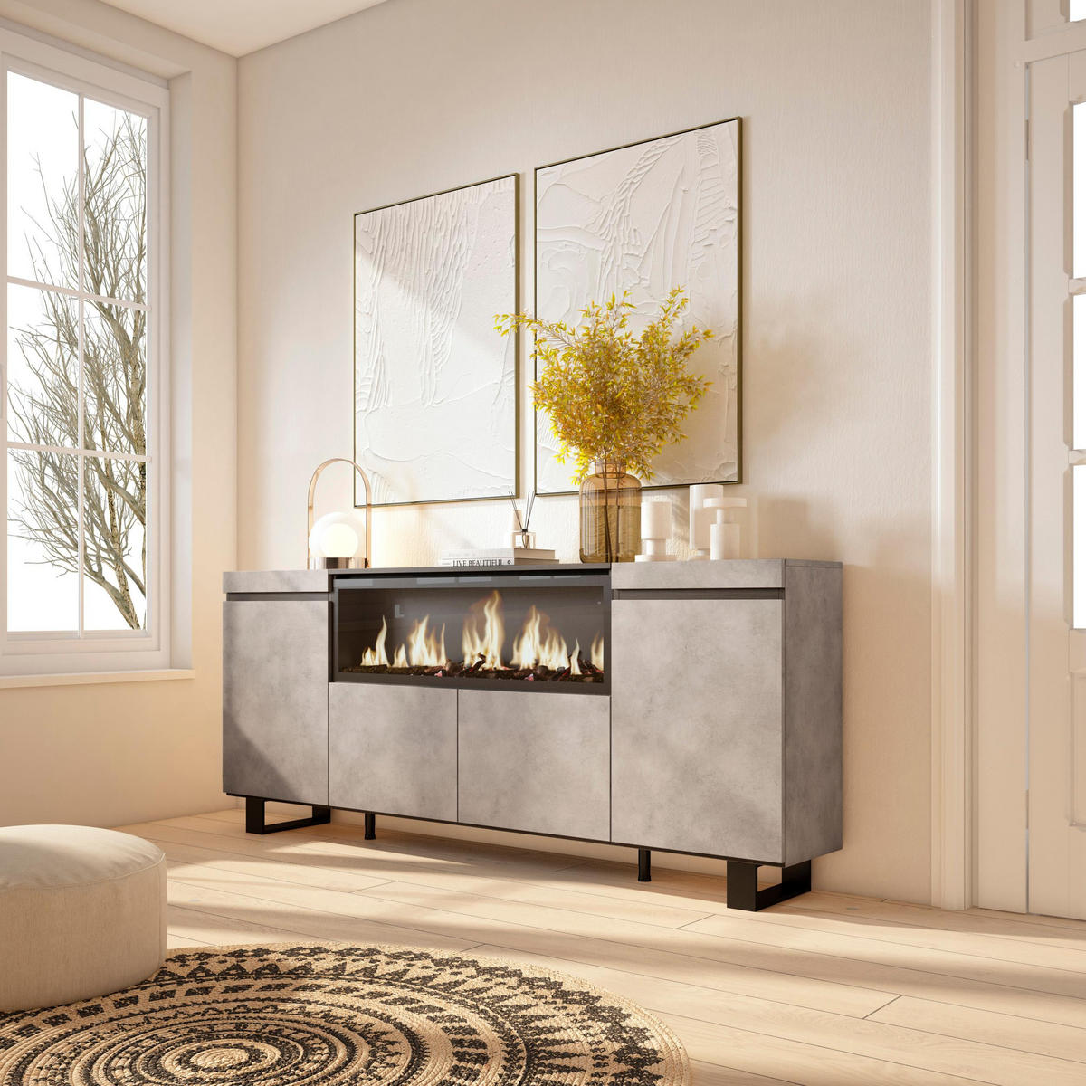 SIDEBOARD Highboard, Elektrokamin XXL, zementgrau, 208/35/87cm - Multicolor/Schwarz, Holzwerkstoff (208/87/35cm) - Skraut Home