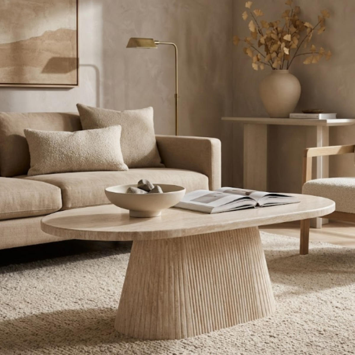 COUCHTISCH Dervio Travertin Tischplatte mit edlem Tischbein im Säulenstil - Beige, Stein (70/130/45cm) - alesvelt