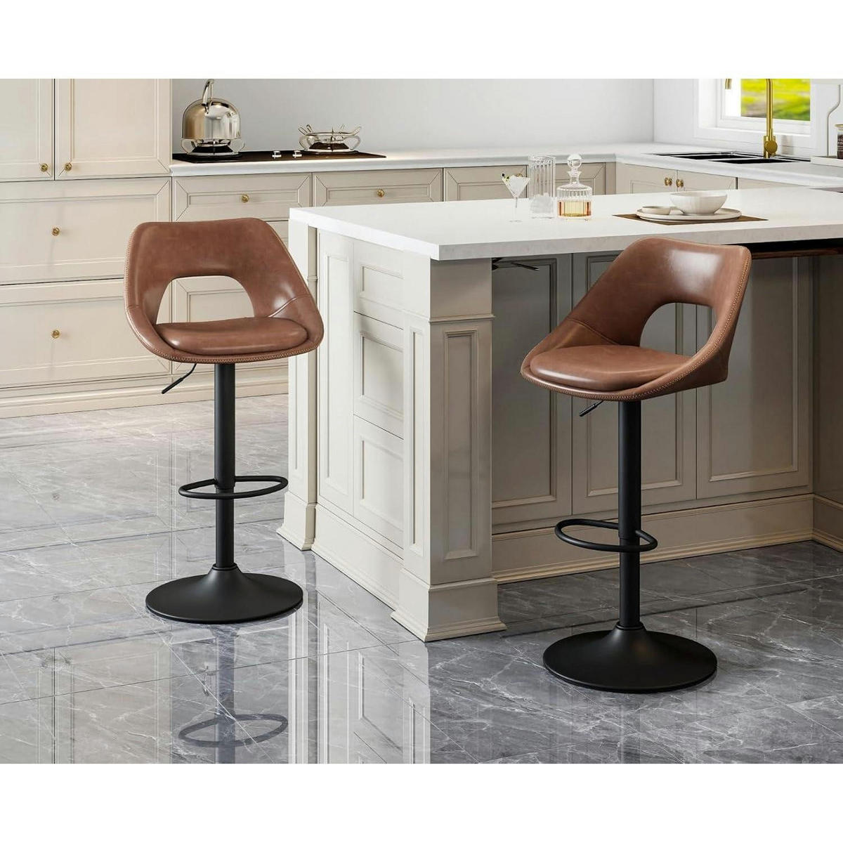 BARHOCKER 4er Set höhenverstellbar drehbar mit Rückenlehne und schwarzer Fußstütze, braun - Braun, Kunststoff (51/106.5/51cm)