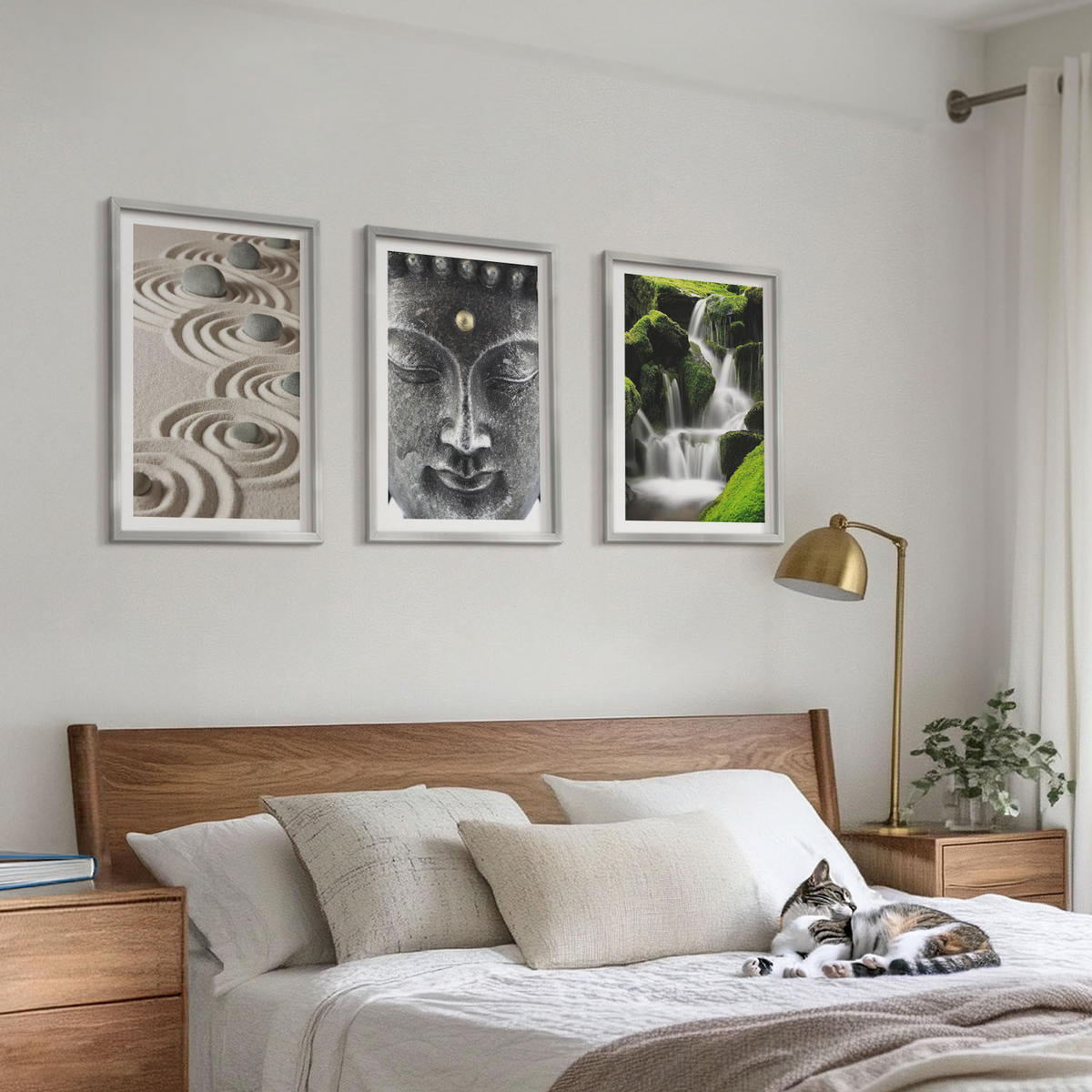 BILDER SET 3er Set - 40x60 cm Silberner Rahmen - Der Frieden der Steine des Buda Zen-Wasserfalls - Silberfarben, Kunststoff (40/60cm) - TULUP