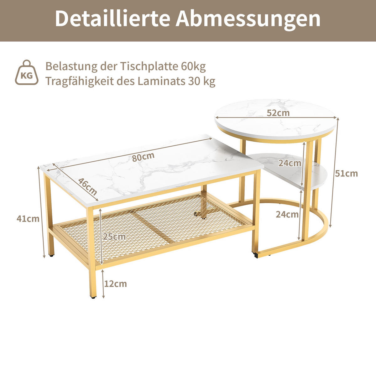 COUCHTISCH-SET 2-teilig Marmor-Optik mit goldenem Metallrahmen - Weiß, Metall (132/52/51cm) - DELFA