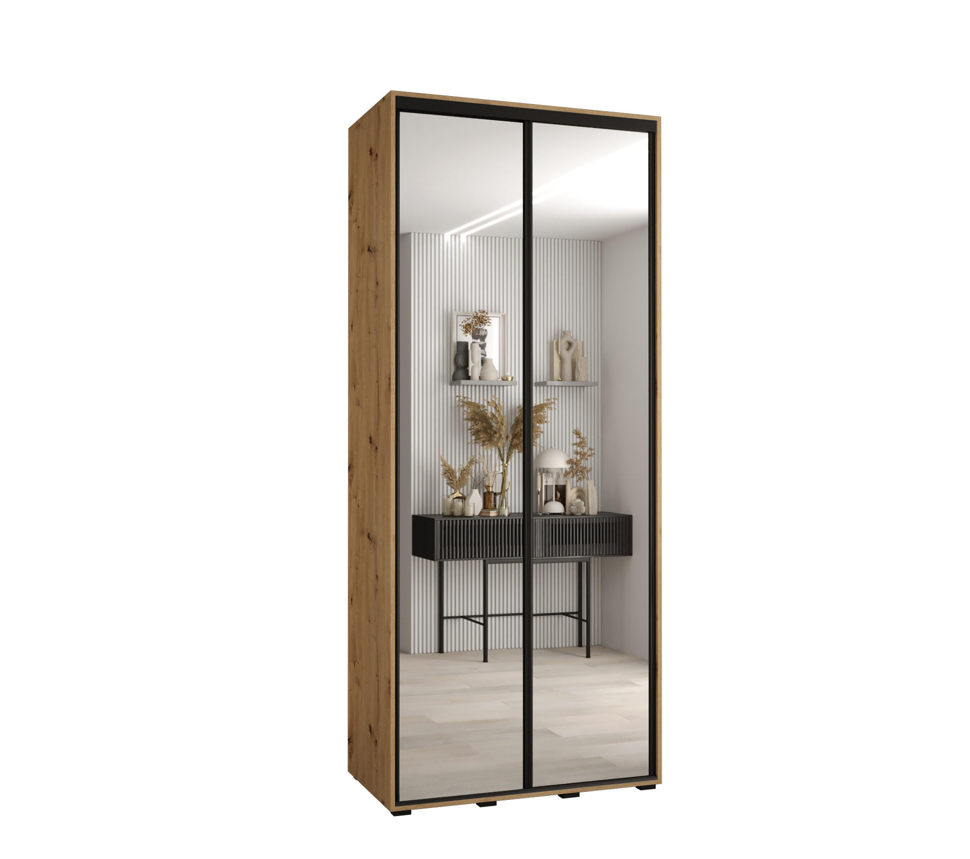 Abiks Möbel Schwebetürenschrank Eiche Artisan, Schwarz 110x235x60 cm