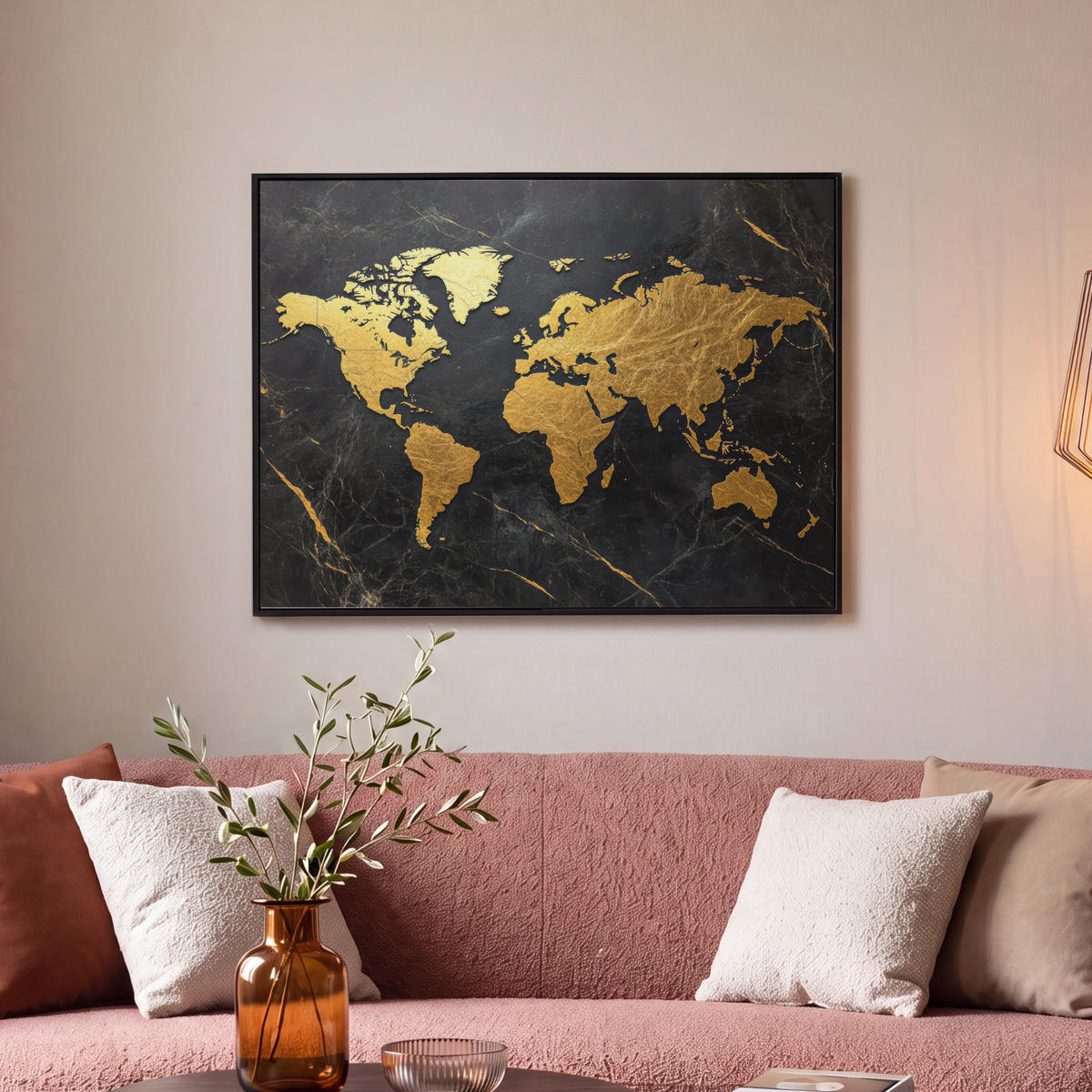 LEINWAND Bilder mit Rahmen - Weltkarte - Gold - Marmor - 70x50 - Goldfarben, Textil (70/50cm) - MuchoWow