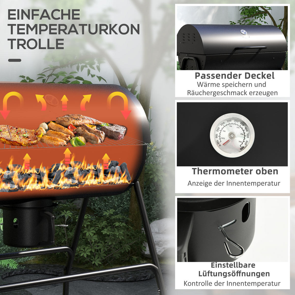 HOLZKOHLEGRILL aus Metall - Schwarz, Metall (71.5/102/95cm) - Outsunny