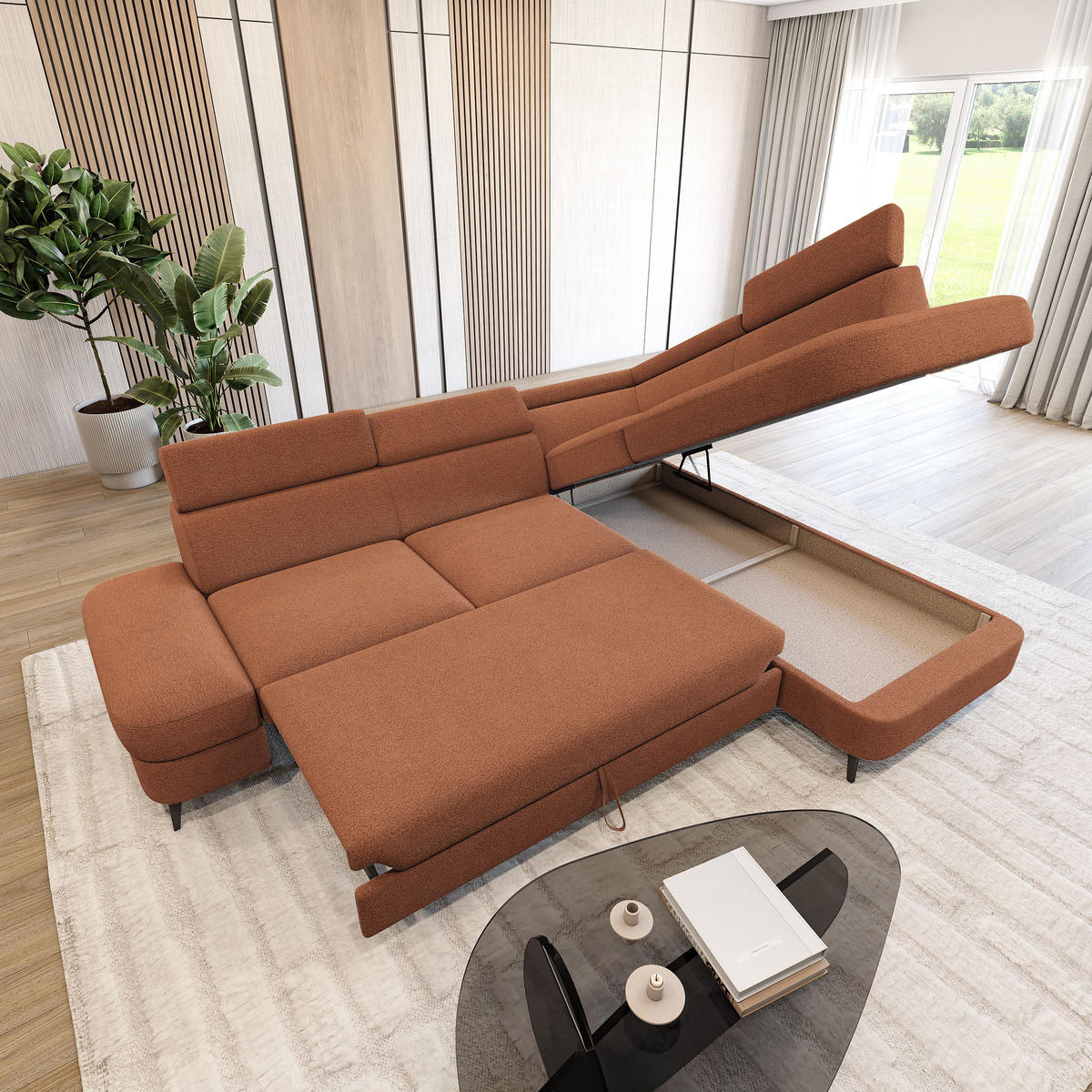 ECKSOFA AVISE Q R-S Orange Boucle-Stoff mit Schlaffunktion - Orange, Holzwerkstoff/Textil (268/195cm) - MASSENO