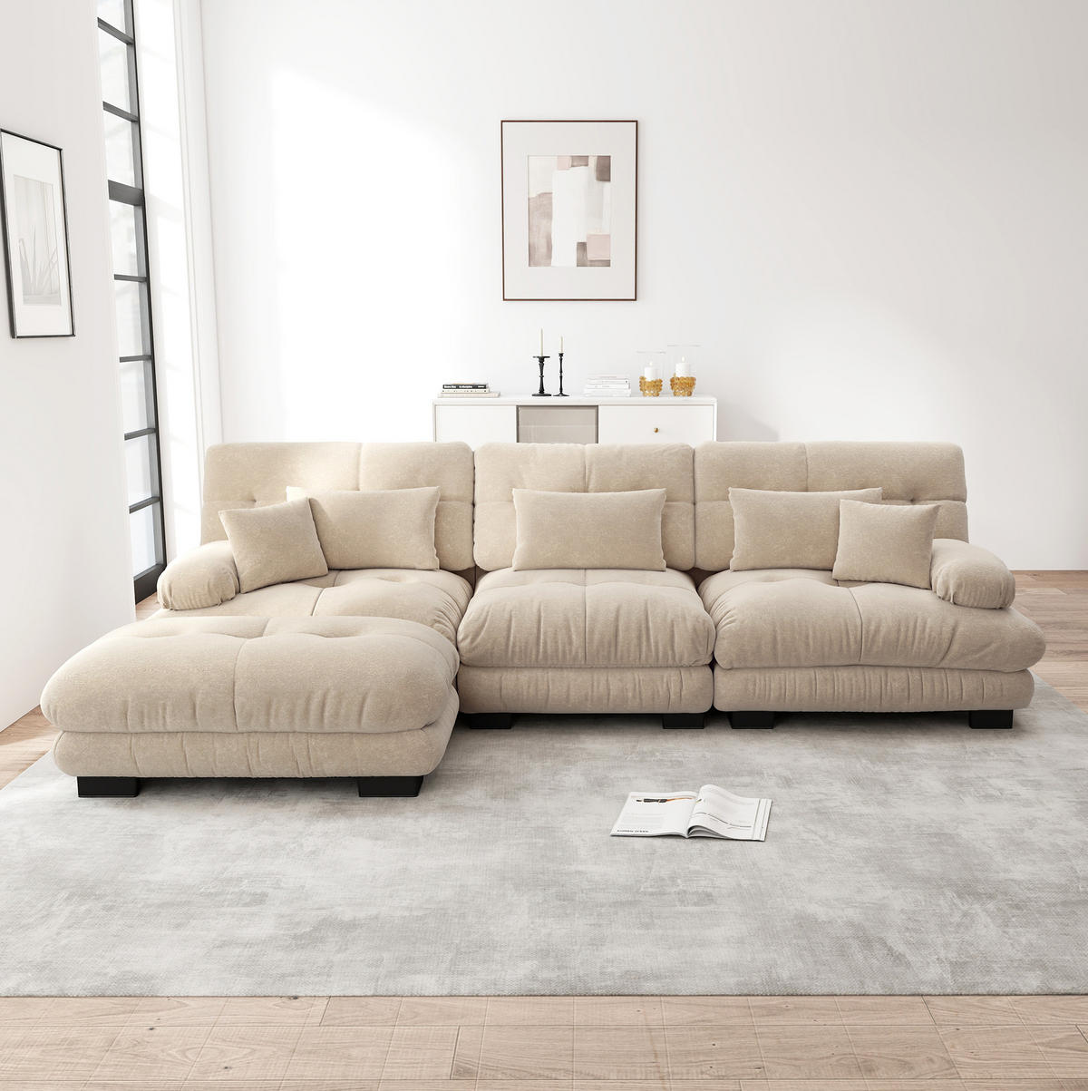 ECKSOFA mit beweglichen Ottomane, tiefem Sitz und Vintage-Chenille-Bezug, Hellkaffee - Cappuccino, Textil (313/145cm) - Redom