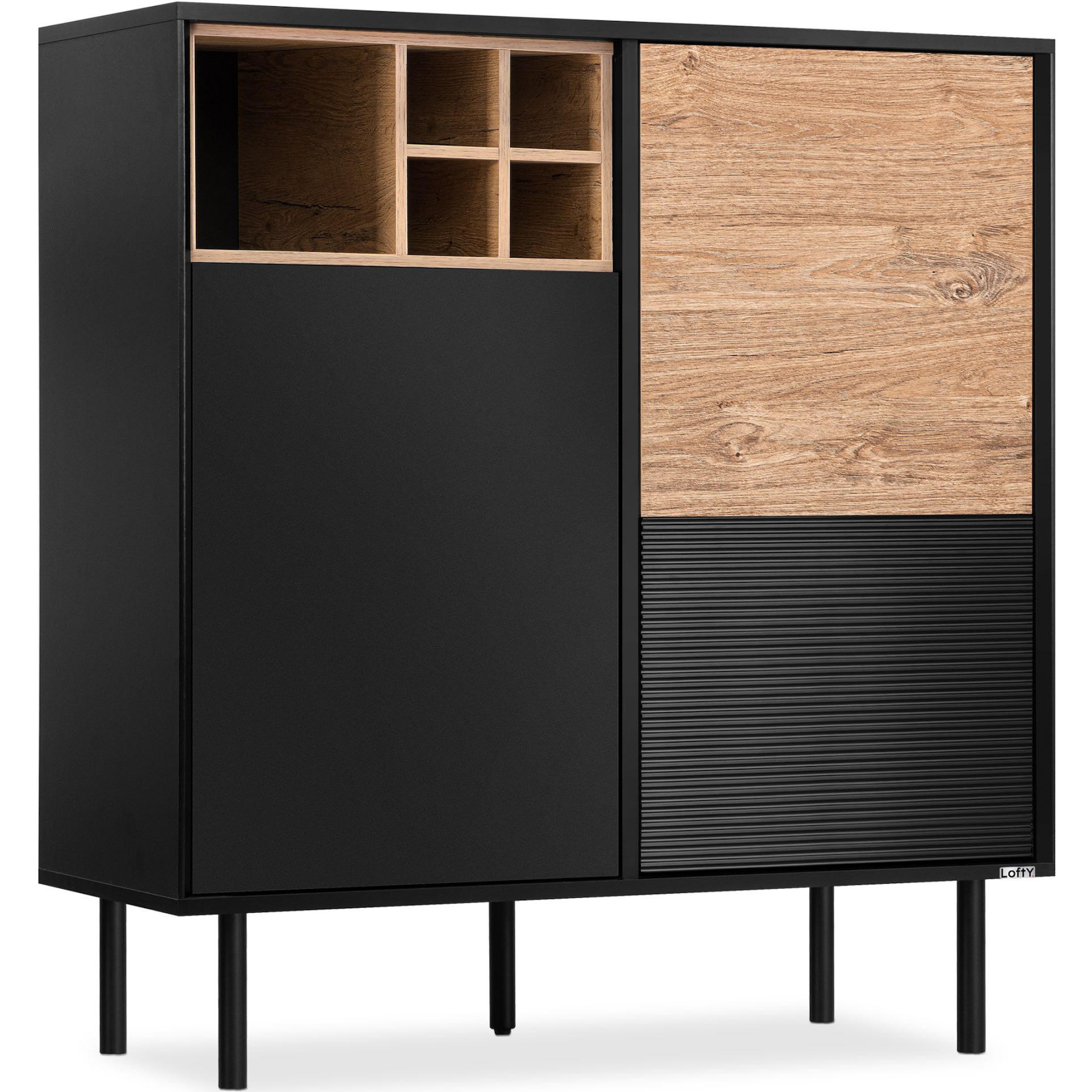 KOMMODE LOFTY Weineinlage, schwarz / Eiche natur - Eichefarben/Multicolor, Holzwerkstoff (102/109/41cm) - KONSIMO®