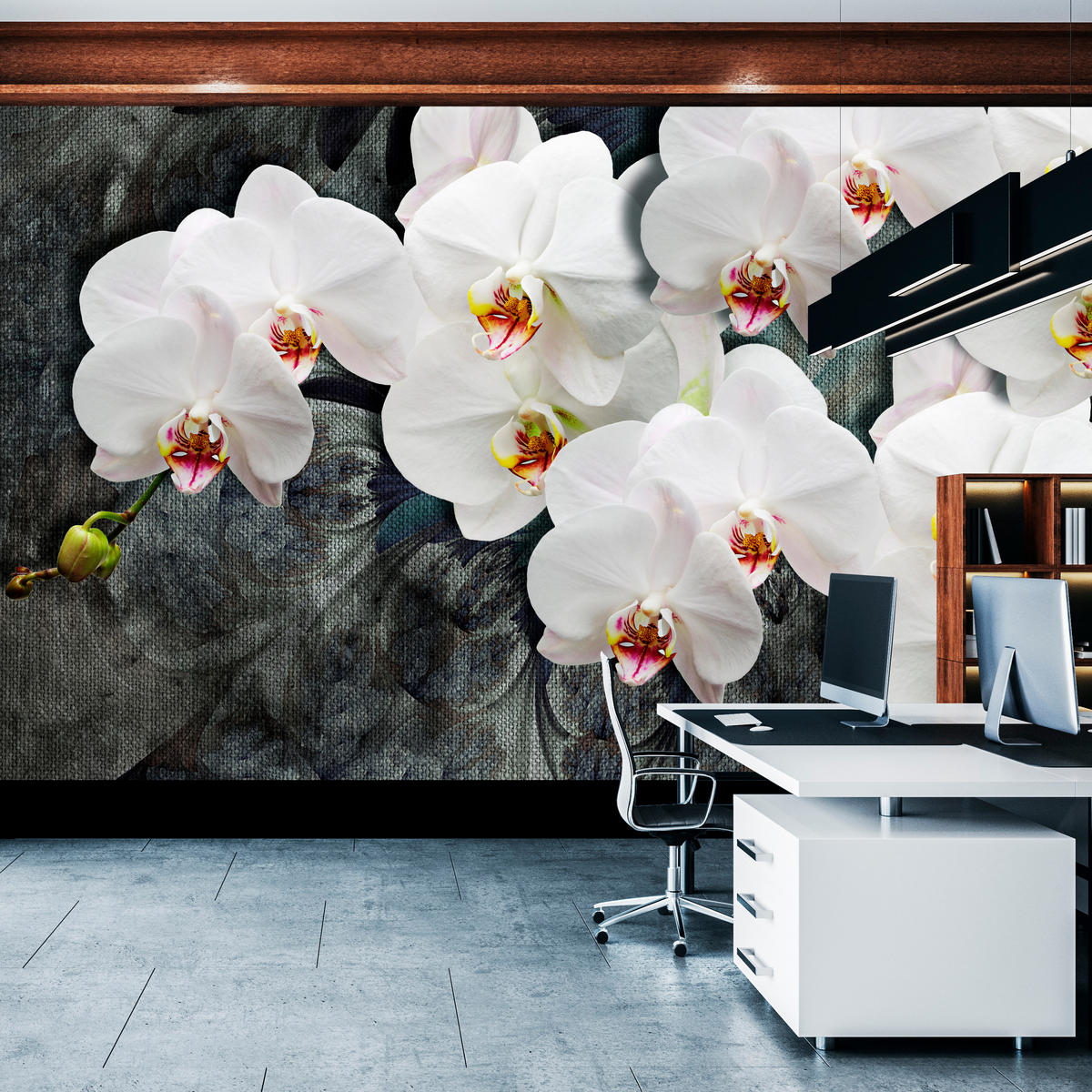 FOTOTAPETA Pre Spálňu Biele Orchidey Rustikálne Pozadie Florálna 300 x 210 cm - sivá/biela, papier (300/210cm) - Muralo