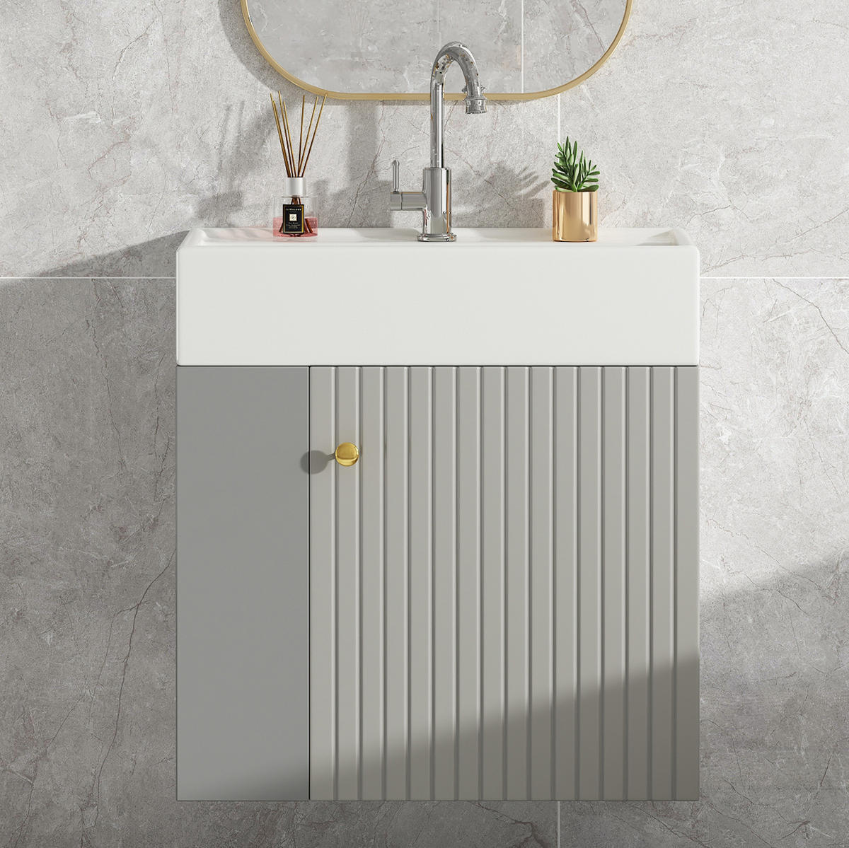 BADEZIMMERSCHRANK 55x31x66.5 cm Grau & Weiß aus Kunststoff mit Keramikbecken & 3D-Paneel - Grau, Holzwerkstoff (55/66.5/31cm) - Modfu