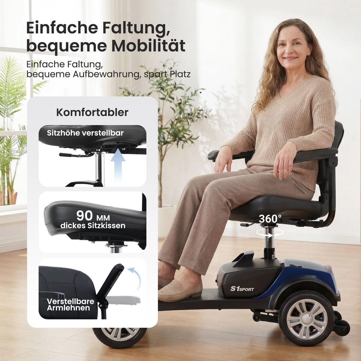 ELEKTROMOBIL 300W 25km Reichweite 360°Drehsitz 136kg Traglast Seniorenmobil - Blau, Metall (50/94.5/119cm) - Gisaae