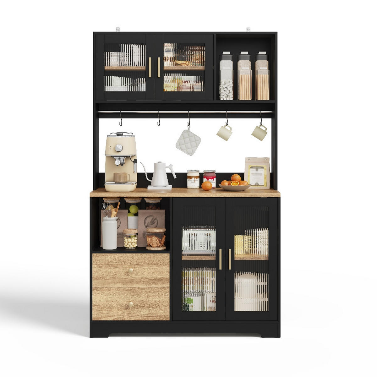 KÜCHENSCHRANK HOCHSCHRANK mit LED und Steckdose, Vitrine mit Glastüren, MDF Schwarz Holzoptik, 110/40/178 cm - Schwarz, Kunststoff (40/178/110cm) - Rolipo