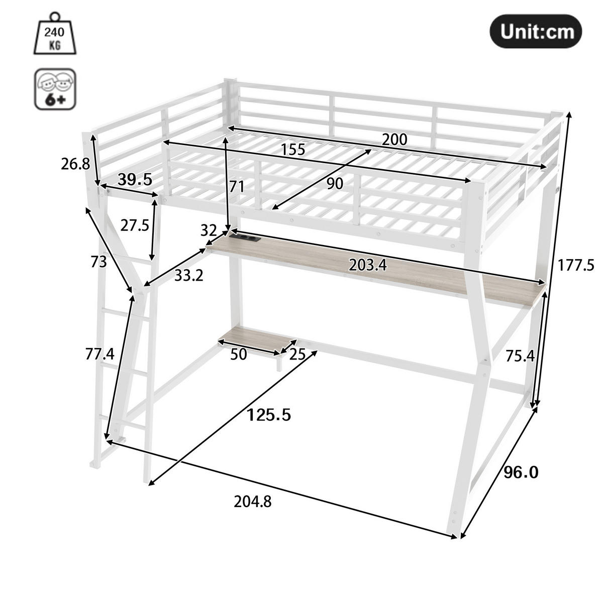 HOCHBETT mit Schreibtisch 90/200 cm in Weiß – mit Treppe, LED und Rausfallschutz - Weiß, Metall (90/200cm) - BEAOK