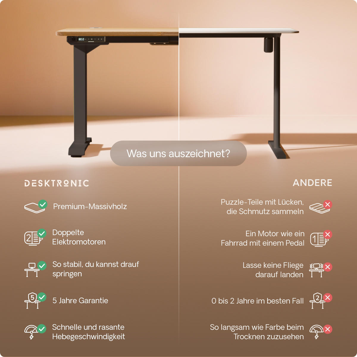 SCHREIBTISCH Elektrisch Höhenverstellbarer HomePro 200x80cm Schwarz/Massive Eiche mit Memory-Funktion, Anti-Kollisions Technologie - Eichefarben/Schwarz, Holz (80/200/63.5cm) - Desktronic
