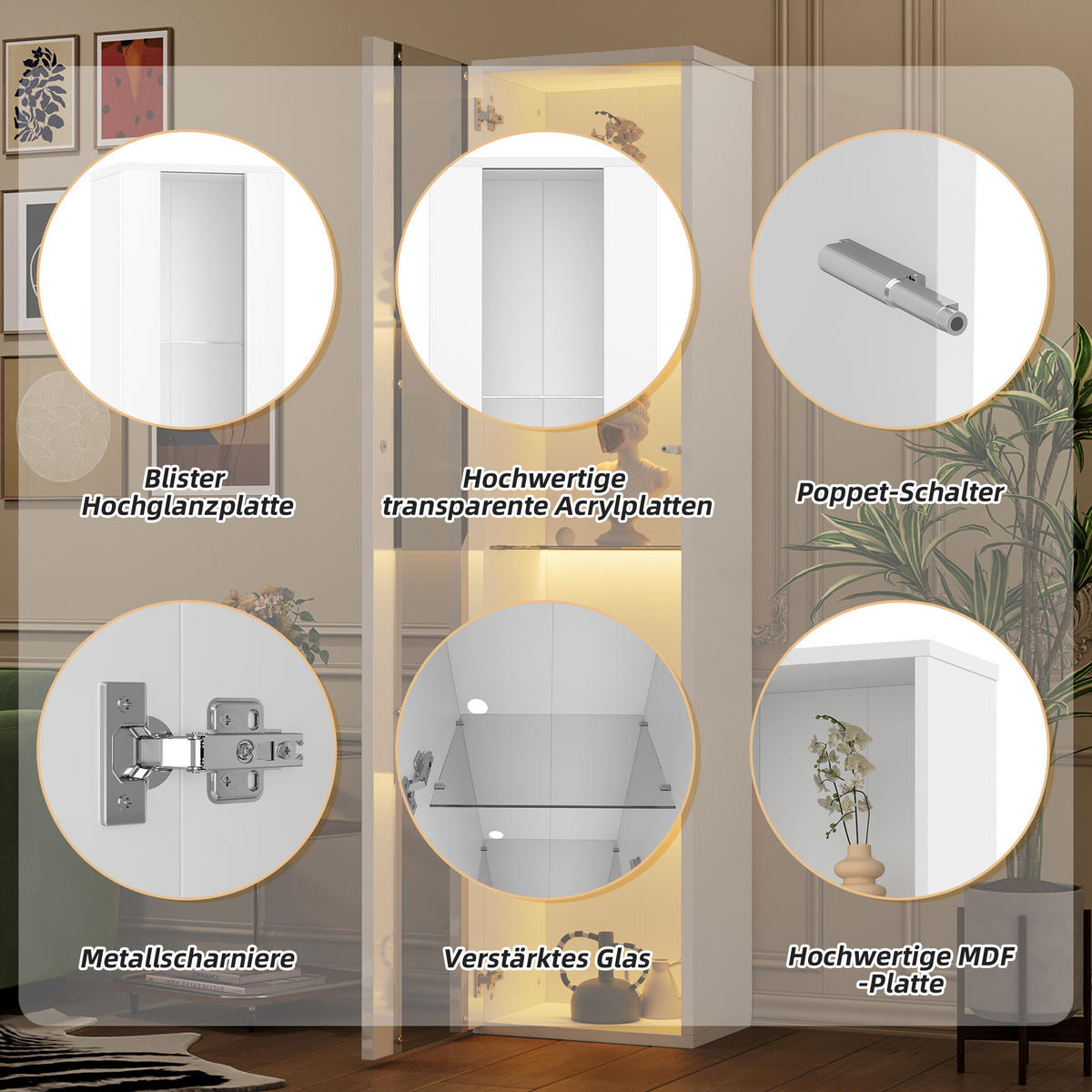 VITRINE mit 4 Ebenen Acrylglas LED Beleuchtung Fernbedienung modern Weiß Spanplatte transparent - Transparent/Weiß, Glas/Holzwerkstoff (40/170/29cm) - EVRYAE