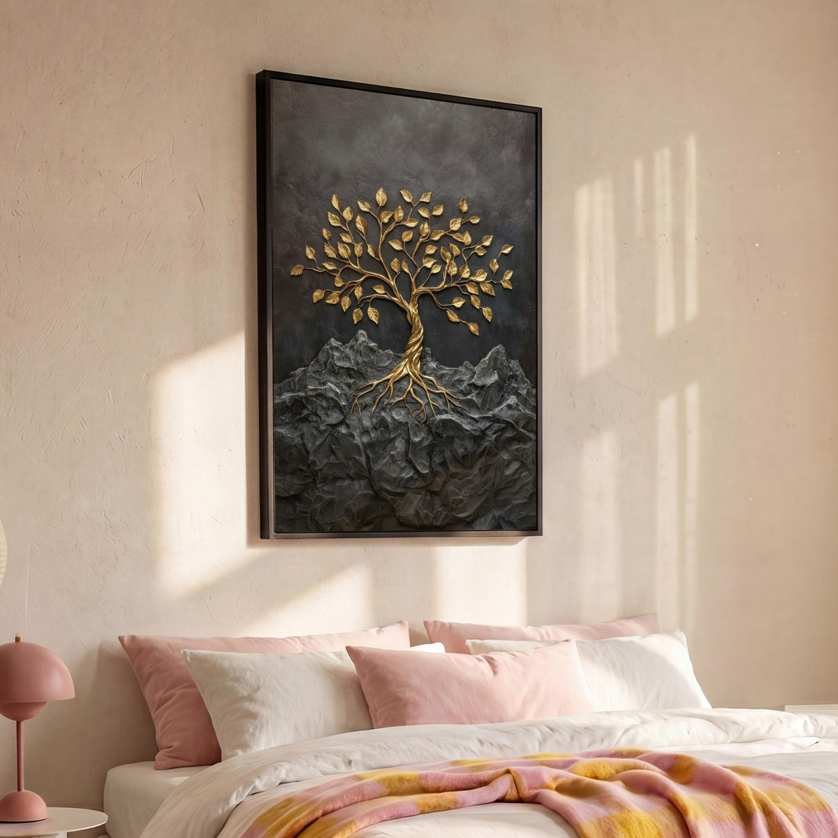 LEINWAND Bilder mit Rahmen - Blätter - Gold - Baum - Fels - 100x150 - Schwarz, Textil (100/150cm) - MuchoWow