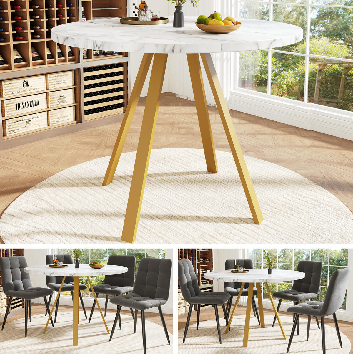 ESSTISCH 80x80x75 cm in Weiß und Gold aus MDF mit weißer Marmoroptik - Weiß, Holzwerkstoff (80/80/75cm) - Modfu