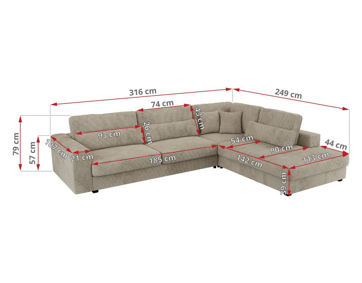 ECKSOFA Savona Hellgrau Cord - links - Hellgrau/Schwarz, Kunststoff/Textil (316/249cm) - MKS