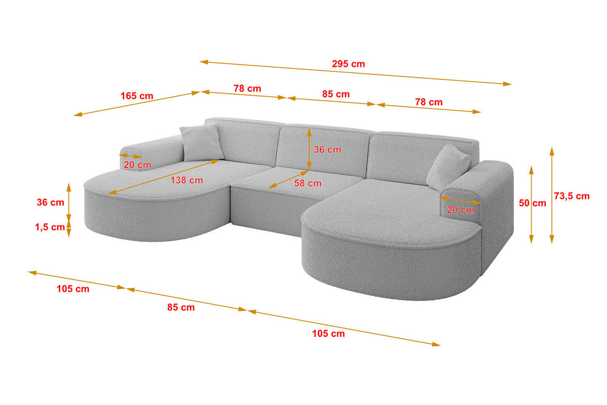 WOHNLANDSCHAFT MARI-U1 - 295x163x73,5 cm Hellgrau Bouclé - Hellgrau/Schwarz, Holzwerkstoff/Kunststoff (295/73.5/163cm) - ALTDECOR