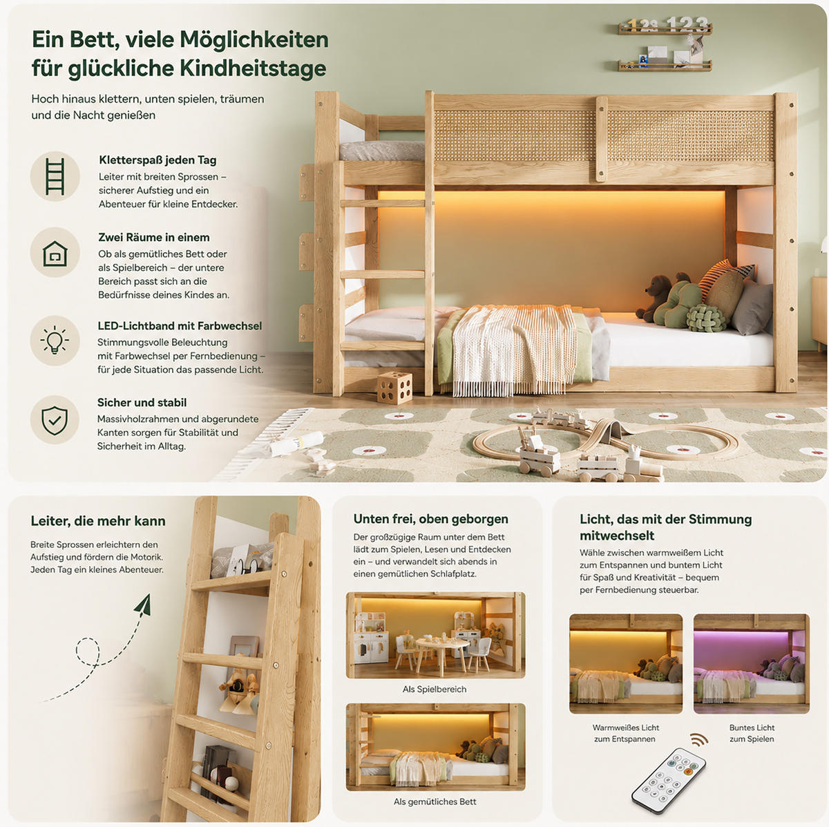 HOCHBETT 90/200 cm aus Kiefer und MDF mit LED-Lichtleiste und Ablagen Natur/Weiß - Naturfarben, Holz (90/200cm) - Modenvie