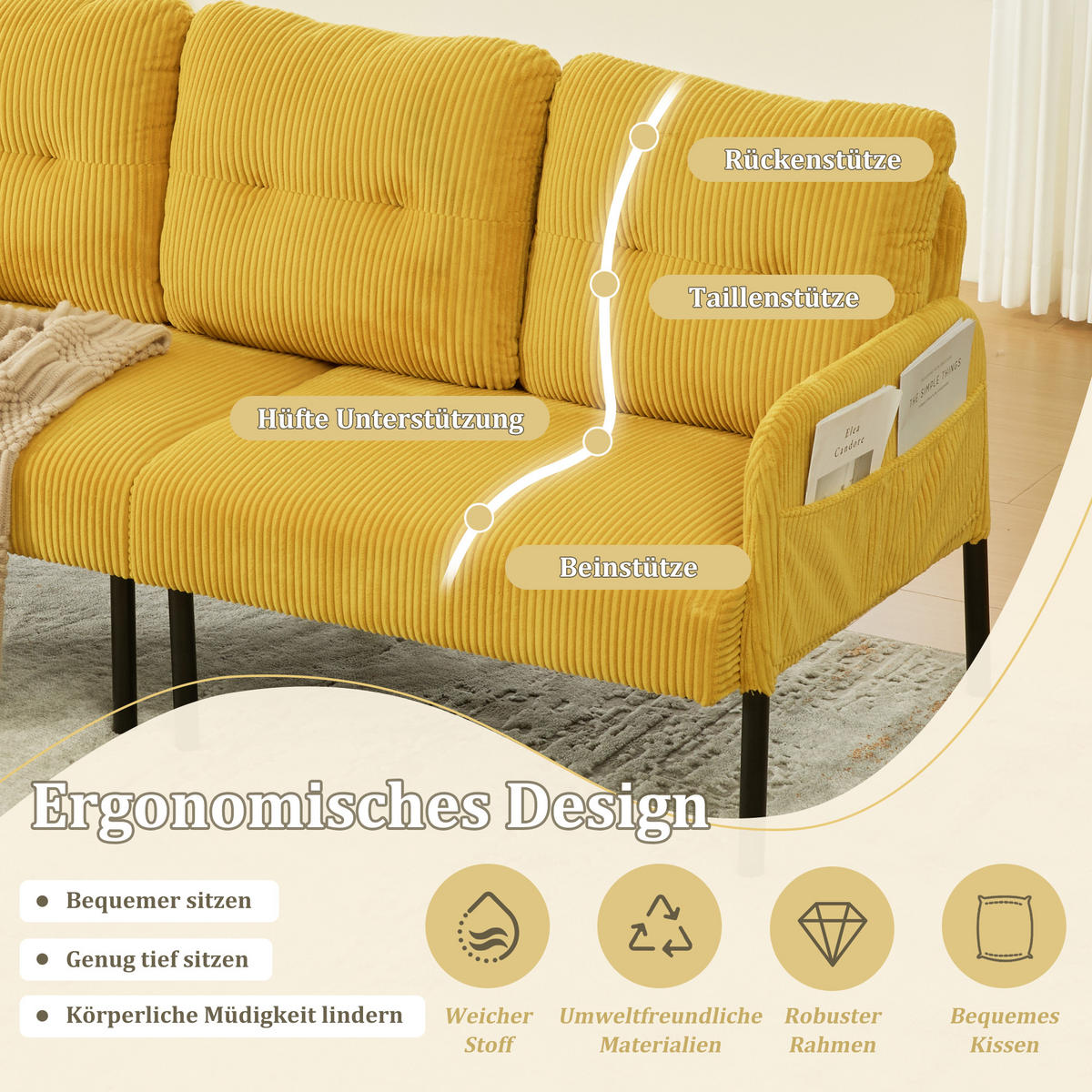 3-SITZER Sofa mit Seitentaschen, Metallgestell & Leinenstoff, 171cm, Gelb - Gelb/Schwarz, Textil/Metall (171/80/72cm) - LVHOM