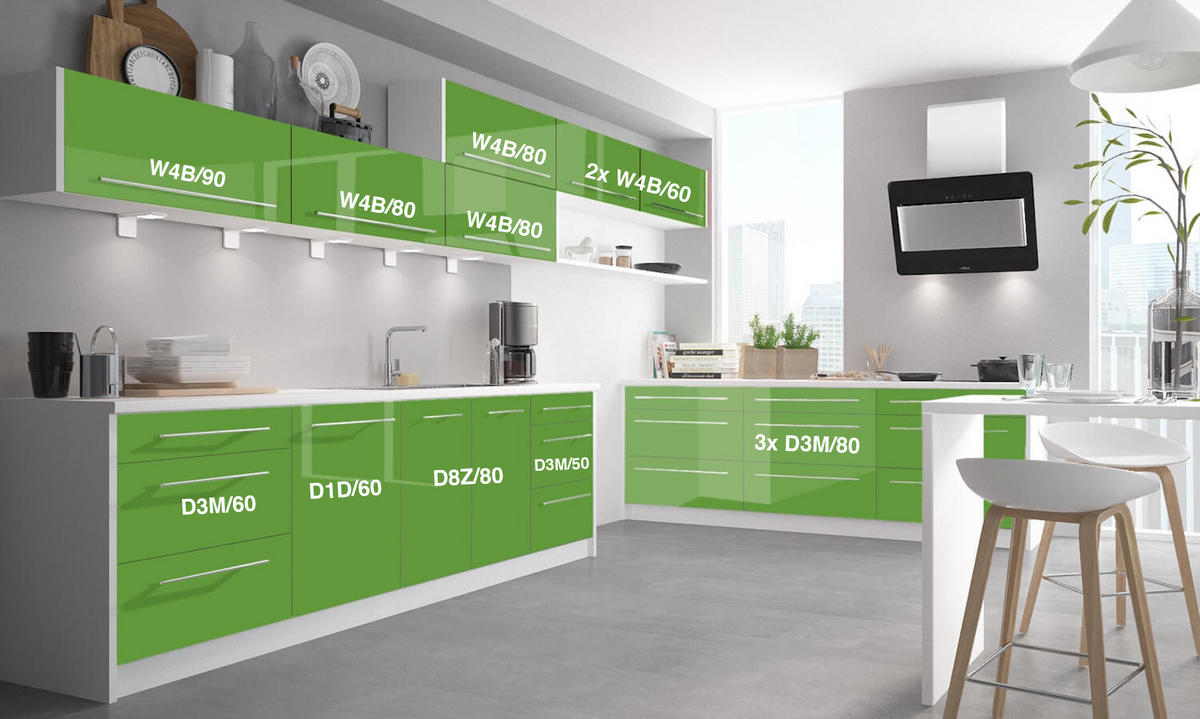 KÜCHENLEERBLOCK Brerra Cdb gelbgrün lackiert / weiß matt 13-teilig - Weiß/Grün, Holzwerkstoff (490/50/168cm) - Feldmann-Wohnen