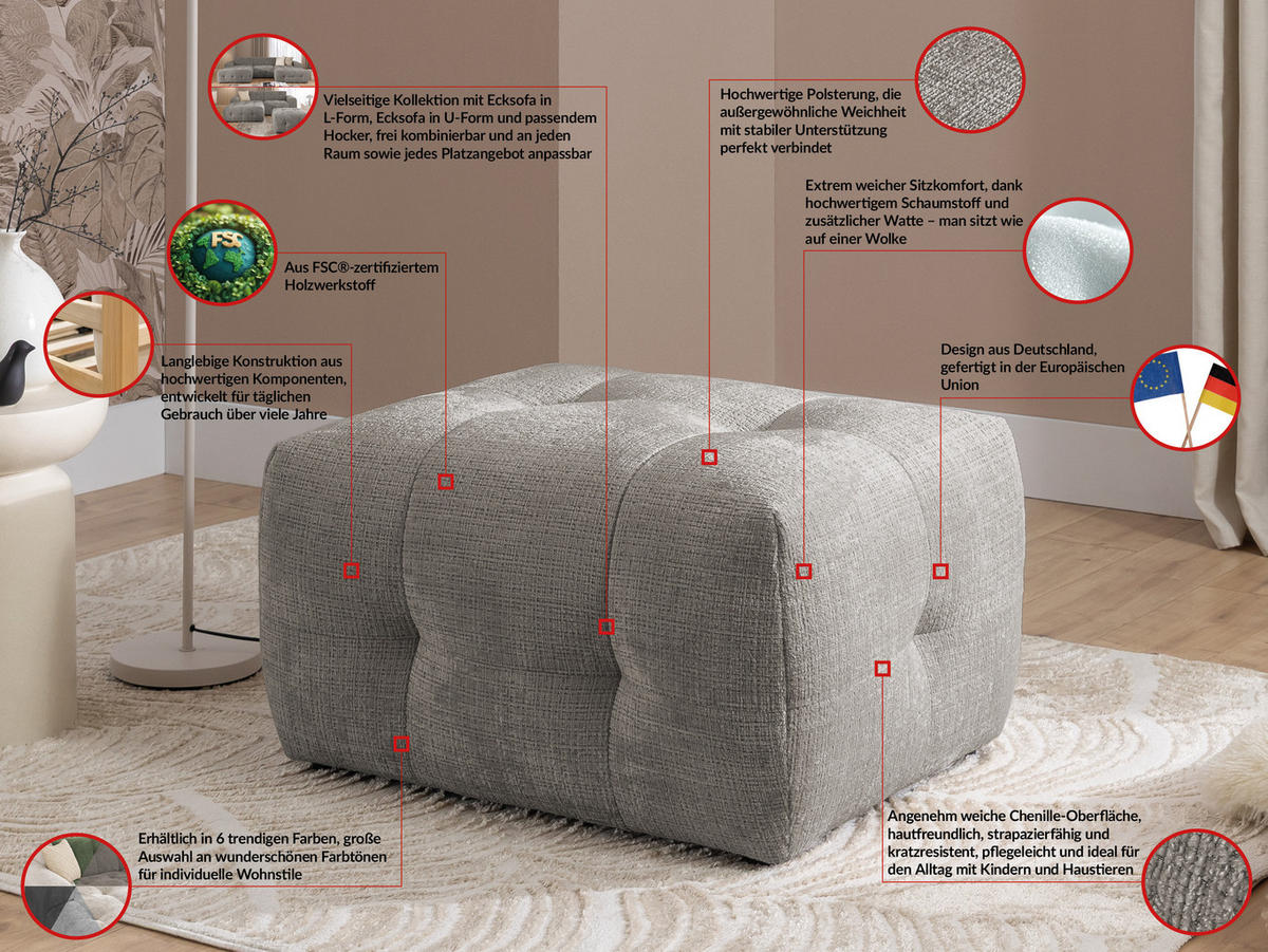 ECKSOFA inkl. Hocker Kozy im Bumpy-Design mit Schlaffunktion und fester Rückenlehne aus weichem Taupe Chenille-Stoff - Ottomane links - Taupe/Schwarz, Holz/Kunststoff (161/234cm) - S-Style Möbel