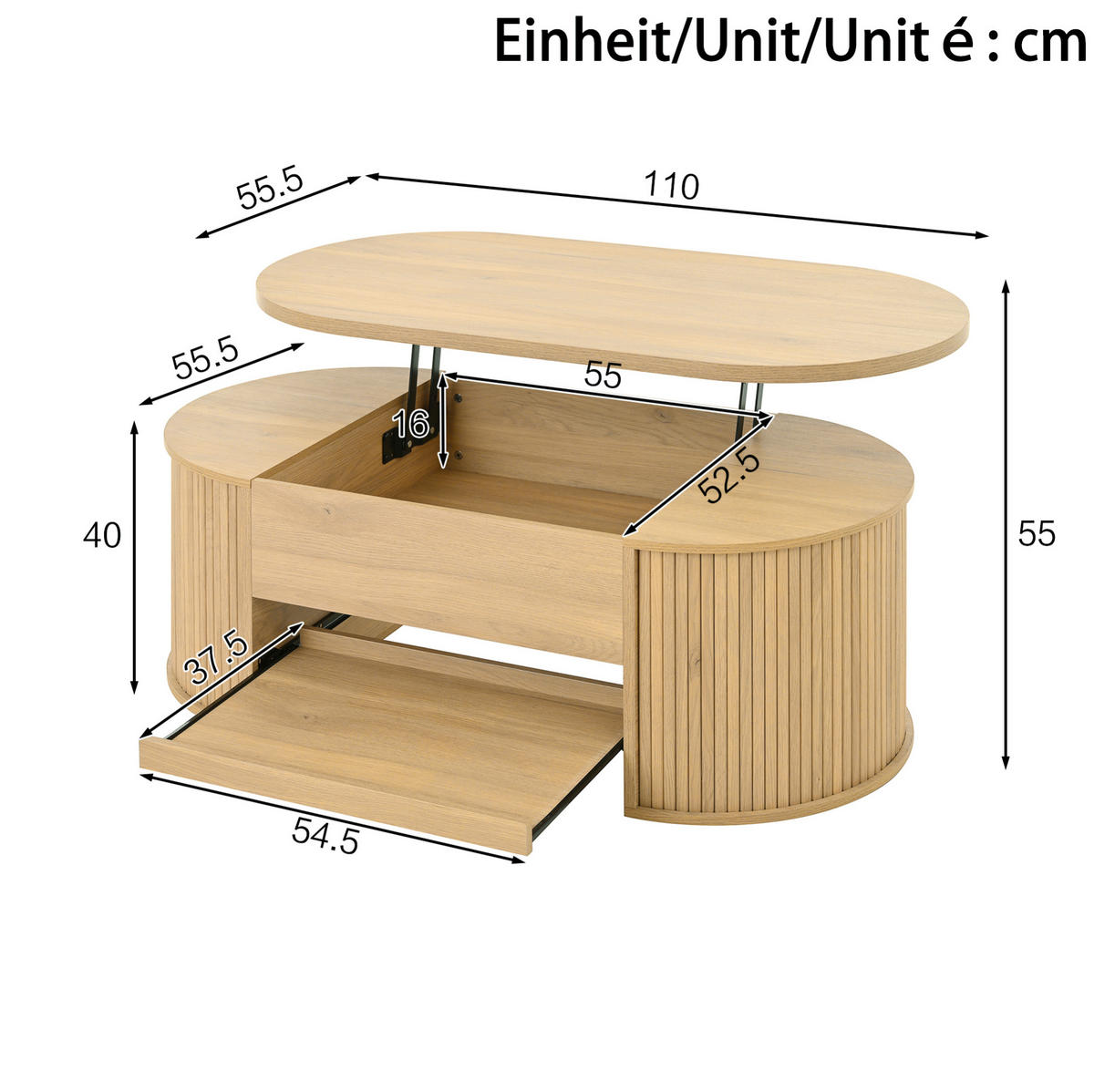 KONFERENČNÍ stolek 110/55,5/40 cm přírodní z MDF se zvedací deskou a výsuvnou policí - přírodní, kompozitní dřevo (110/55.5/40cm) - OKWISH