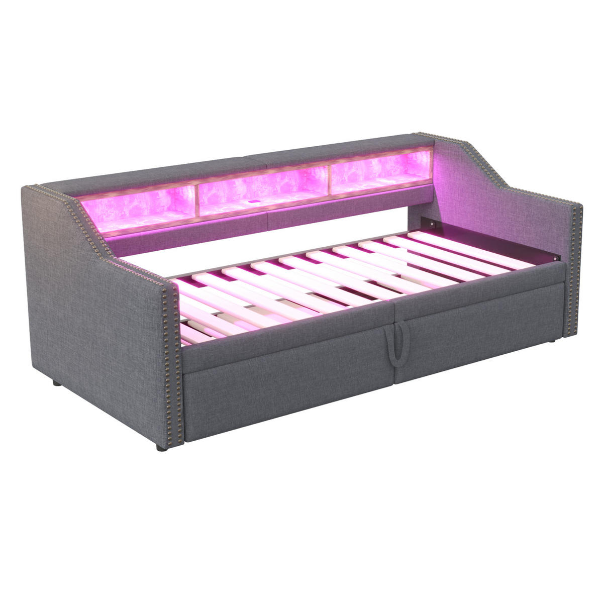 SCHLAFSOFA Ausziehbares 90/180/200 cm Dunkelgrau mit Multifunktionalem Staufach und LED-Licht - Dunkelgrau, Textil (90/200cm) - OKWISH
