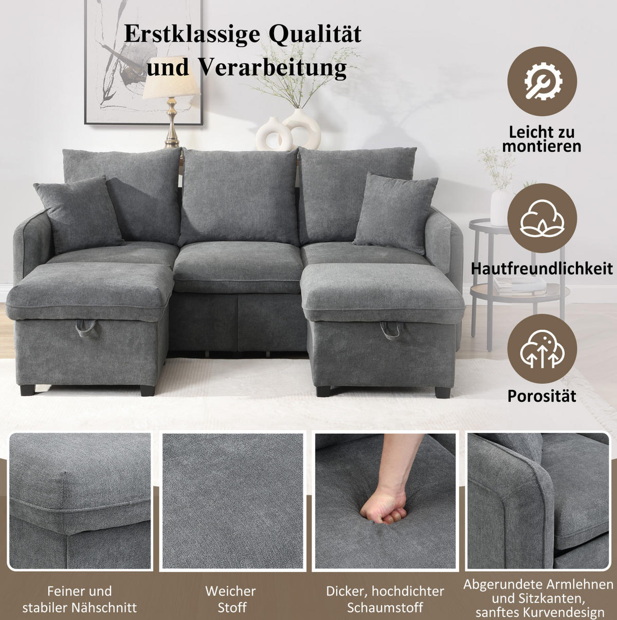 ECKSOFA U-Form Chenille mit Schlaffunktion und Stauraum 3-Sitzer und 2 Hocker 188/186/86 cm Dunkelgrau - Dunkelgrau, Kunststoff/Textil (186/188cm) - Redom