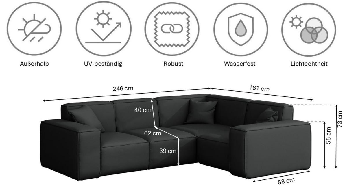 GARTENECKSOFA L-form MALIBU Stoff Odyssey Schwarz Rechts - Schwarz, Holz (246/73/181cm) - Kaiser Möbel