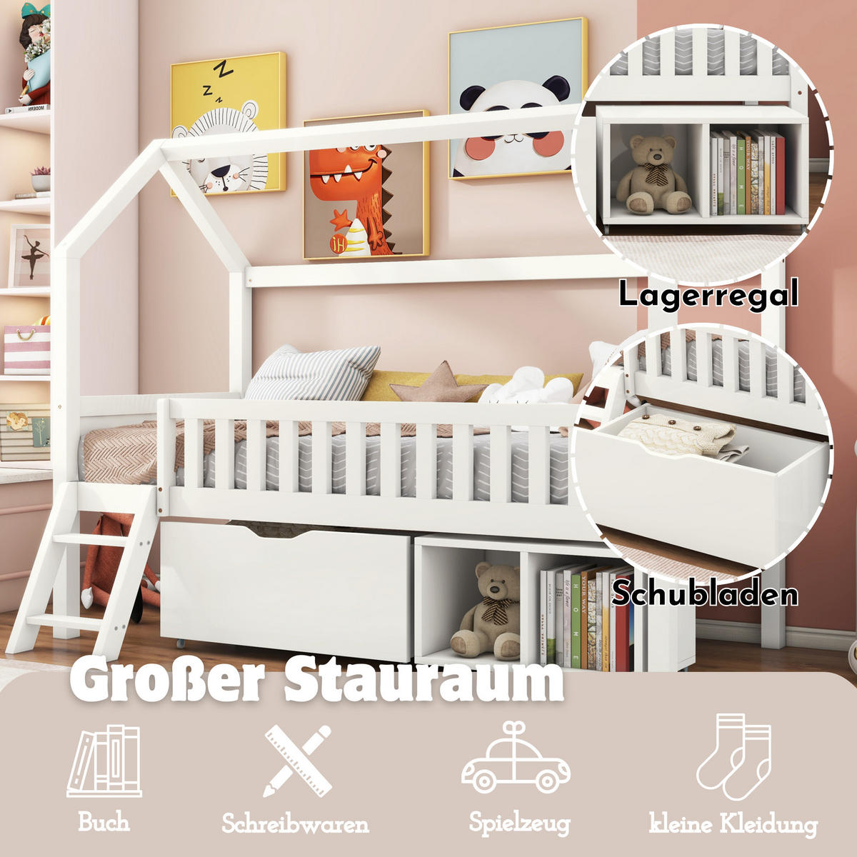 HAUSBETT 90x200cm Weiß Mit Schubladen & Ablagefächern - Weiß, Holzwerkstoff (90/200cm) - FLIEKS