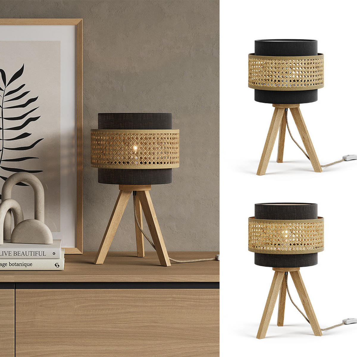 TISCHLAMPE Morten Rattan/Schwarz 26 x 45 cm mit Standfuß - Schwarz/Braun, Holz (26/26/45cm) - Vicco