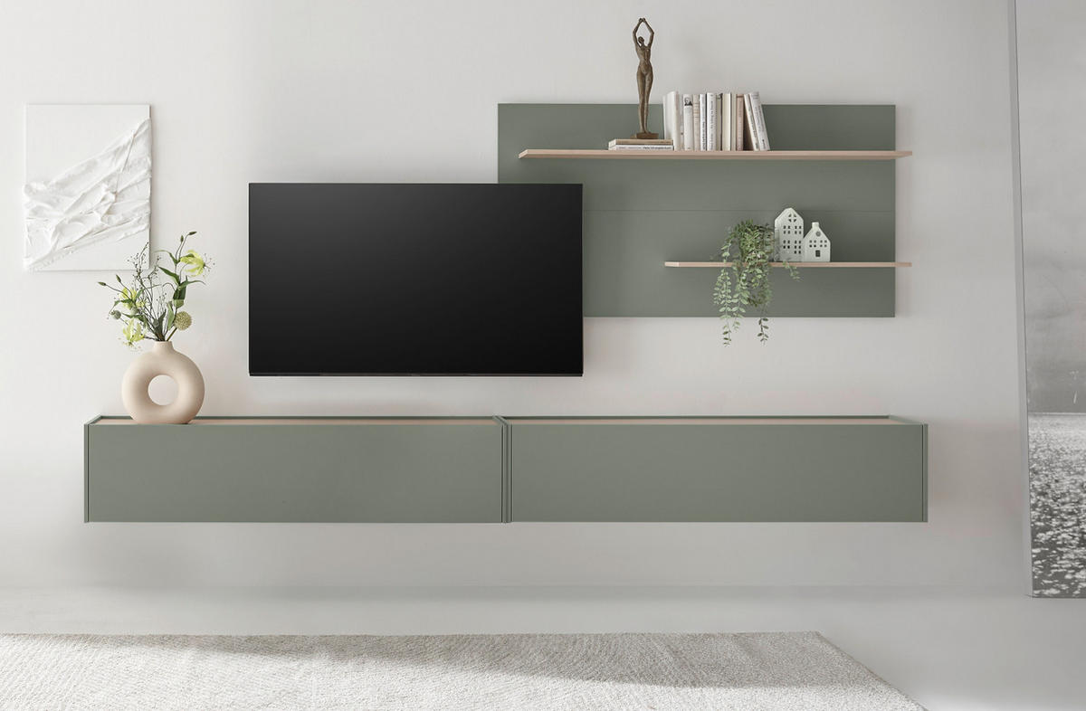WOHNWAND in Salbei Grün mit Eiche, Wohnzimmer Fernsehschrank mit 300 cm TV Lowboard, gesamt 300 x 190 cm - Salbeigrün/Eichefarben, Holz/Holzwerkstoff (300/190/30cm) - Furn.Design