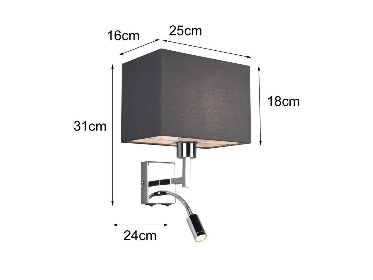 WANDLAMPE mit Schalter & Leselampe Grau, Höhe 31cm - Grau, Textil/Metall (25/31/24cm) - meineWunschleuchte