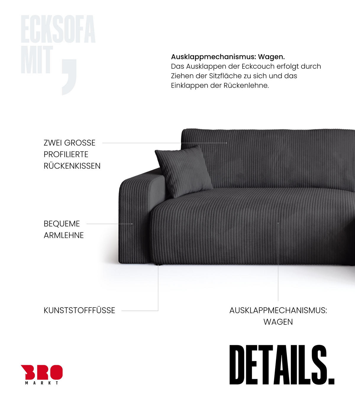 ECKSOFA Bisk mit Schlaffunktion Grau Cordstoff - Grau, Textil (275/170cm) - Bromarkt