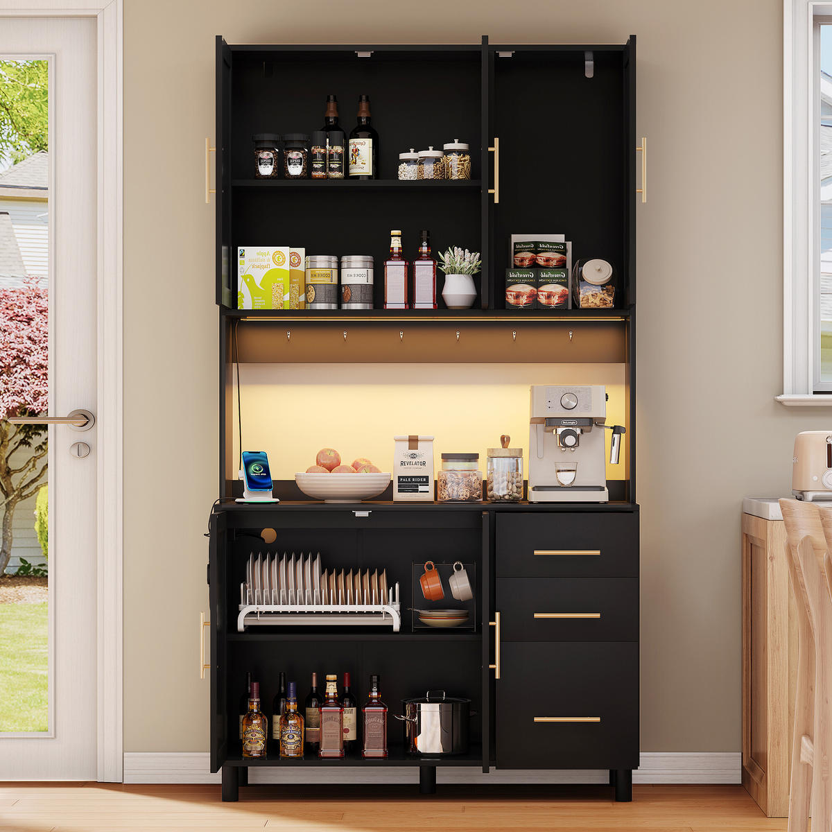 KÜCHENSCHRANK in Holz- und Rattanoptik mit LED Schwarz - Schwarz, Holzwerkstoff (40/183/100cm) - Urban Meuble