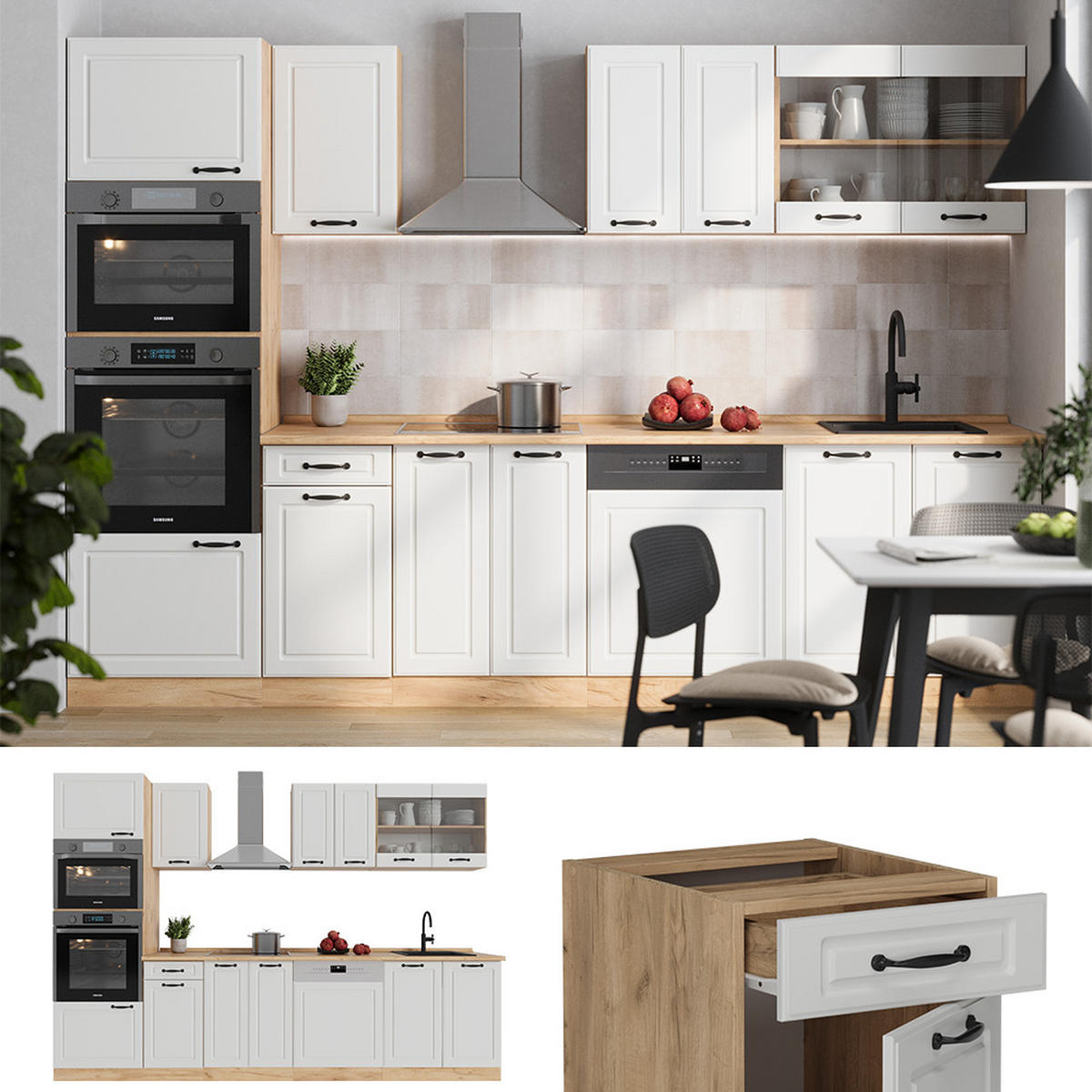 KÜCHENZEILE R-Line Weiß Landhaus/Goldkraft Eiche 300 cm mit Hochschrank, ohne Arbeitsplatte - Honigeiche/Weiß, Holzwerkstoff (300/81.6/46cm) - Vicco